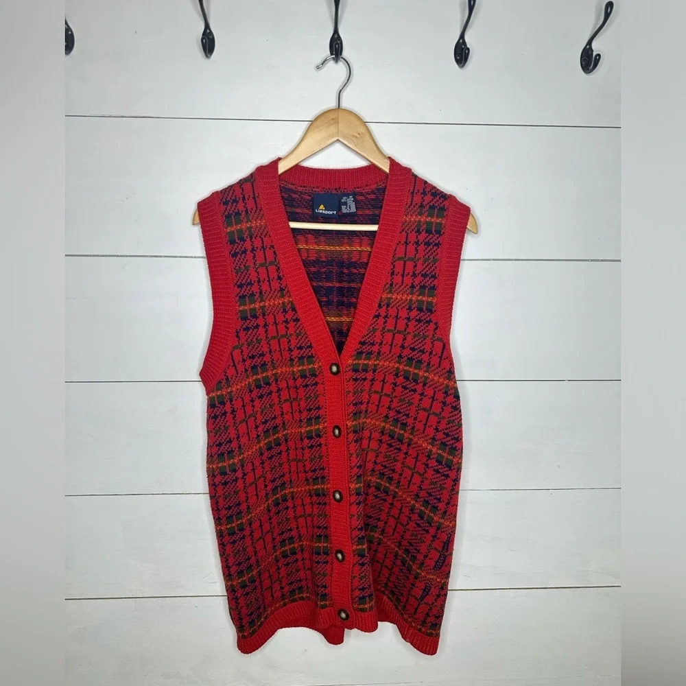 Vintage Liz Claiborne Red Plaid Knit Sweater Vest Grandma Core - Size Medium